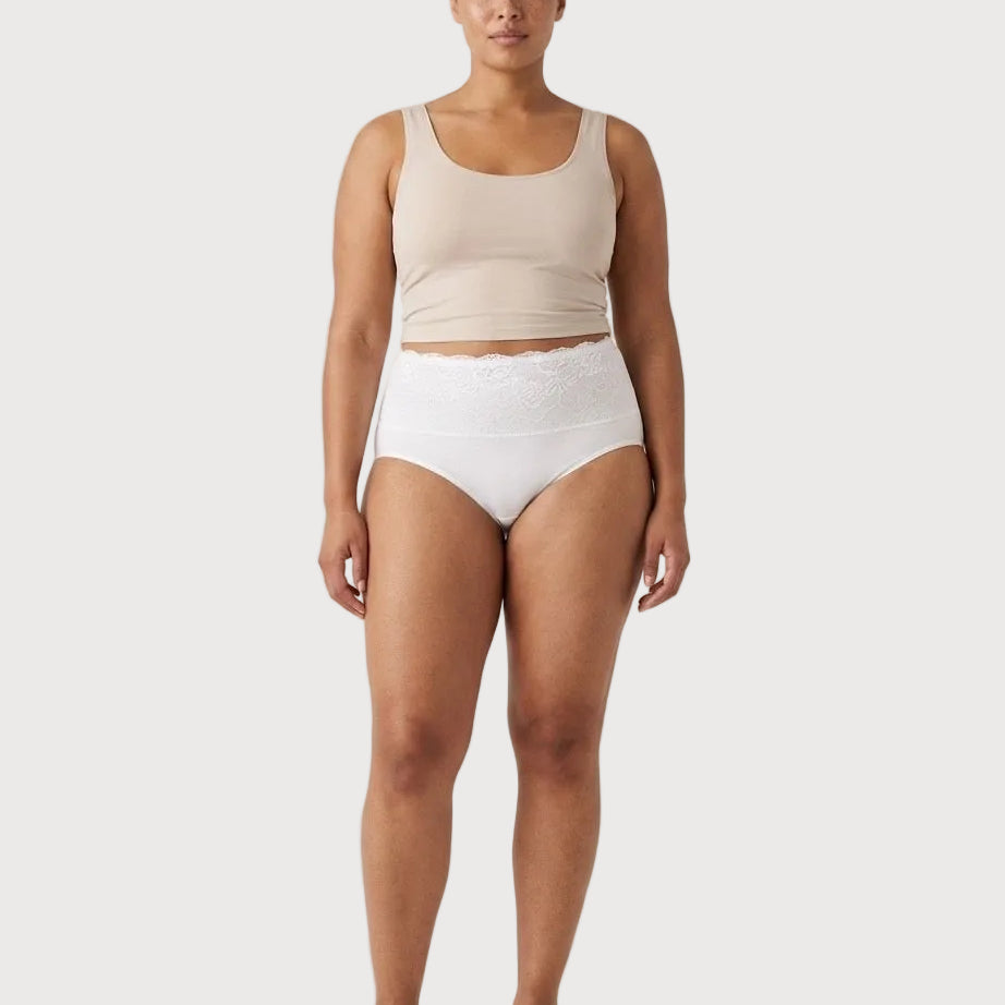 Seamless Brief with Lace Overlay by Rhonda Shear — seamless lace-overlay brief