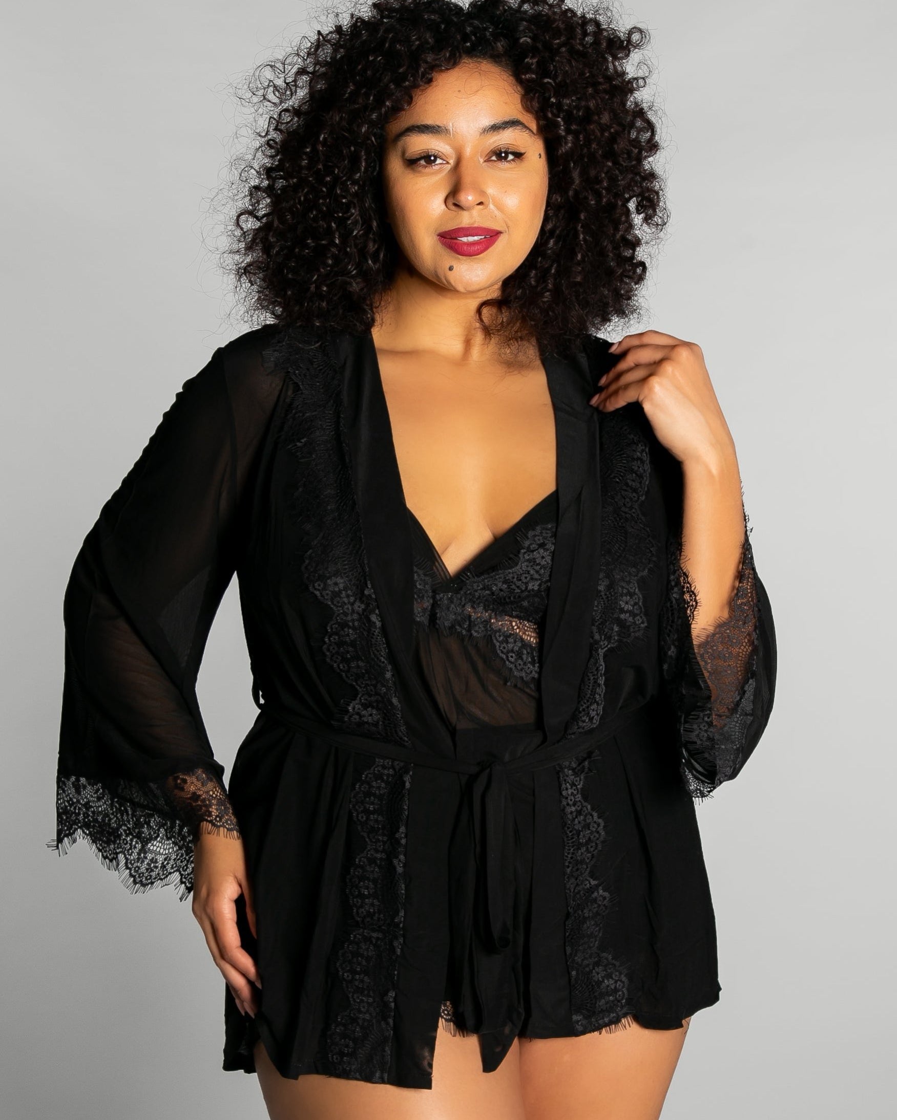 Up All Night Lace Trim Robe - style 4810