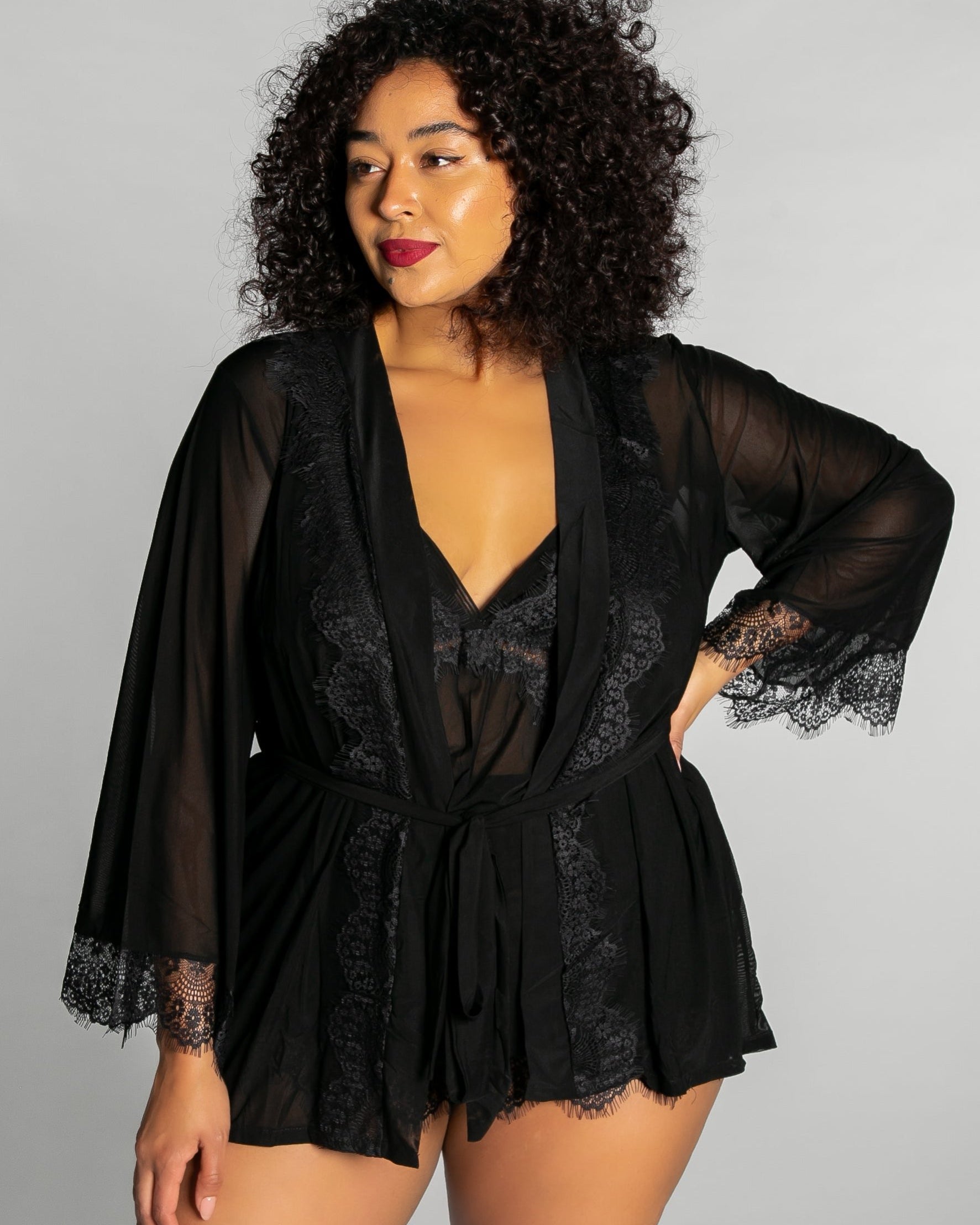 Up All Night Lace Trim Robe - style 4810