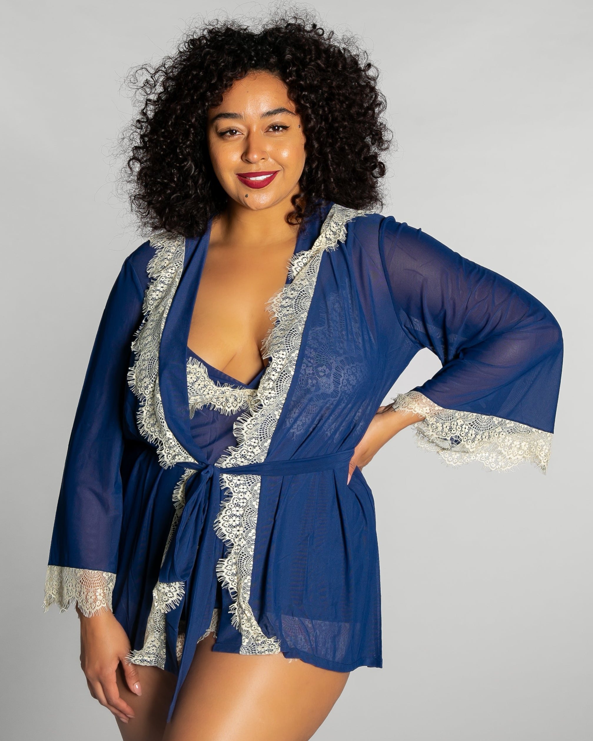 Up All Night Lace Trim Robe - style 4810