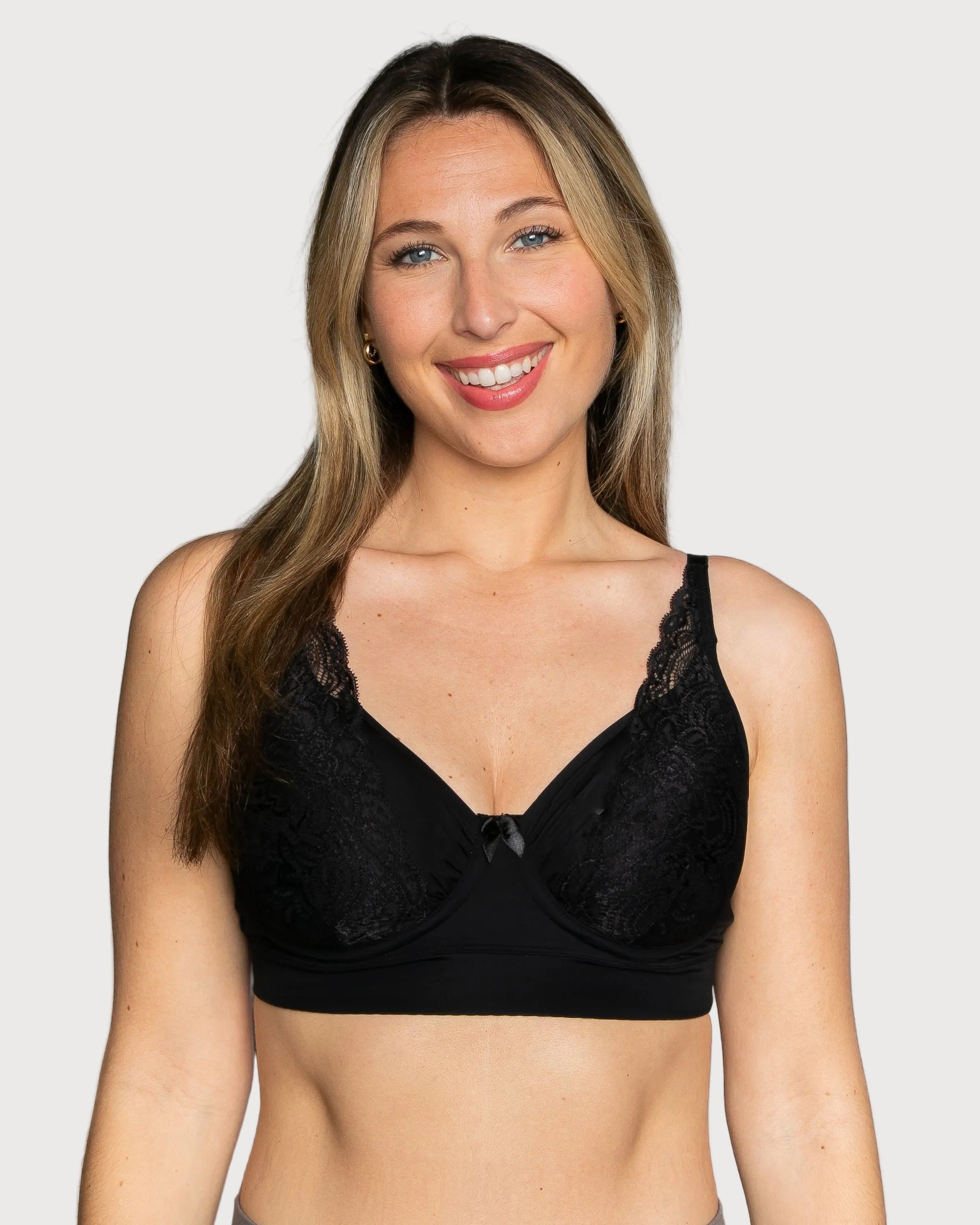 Black Flexible Underwire Butterknit Bra with Lace by Rhonda Shear — plastic underwire bra