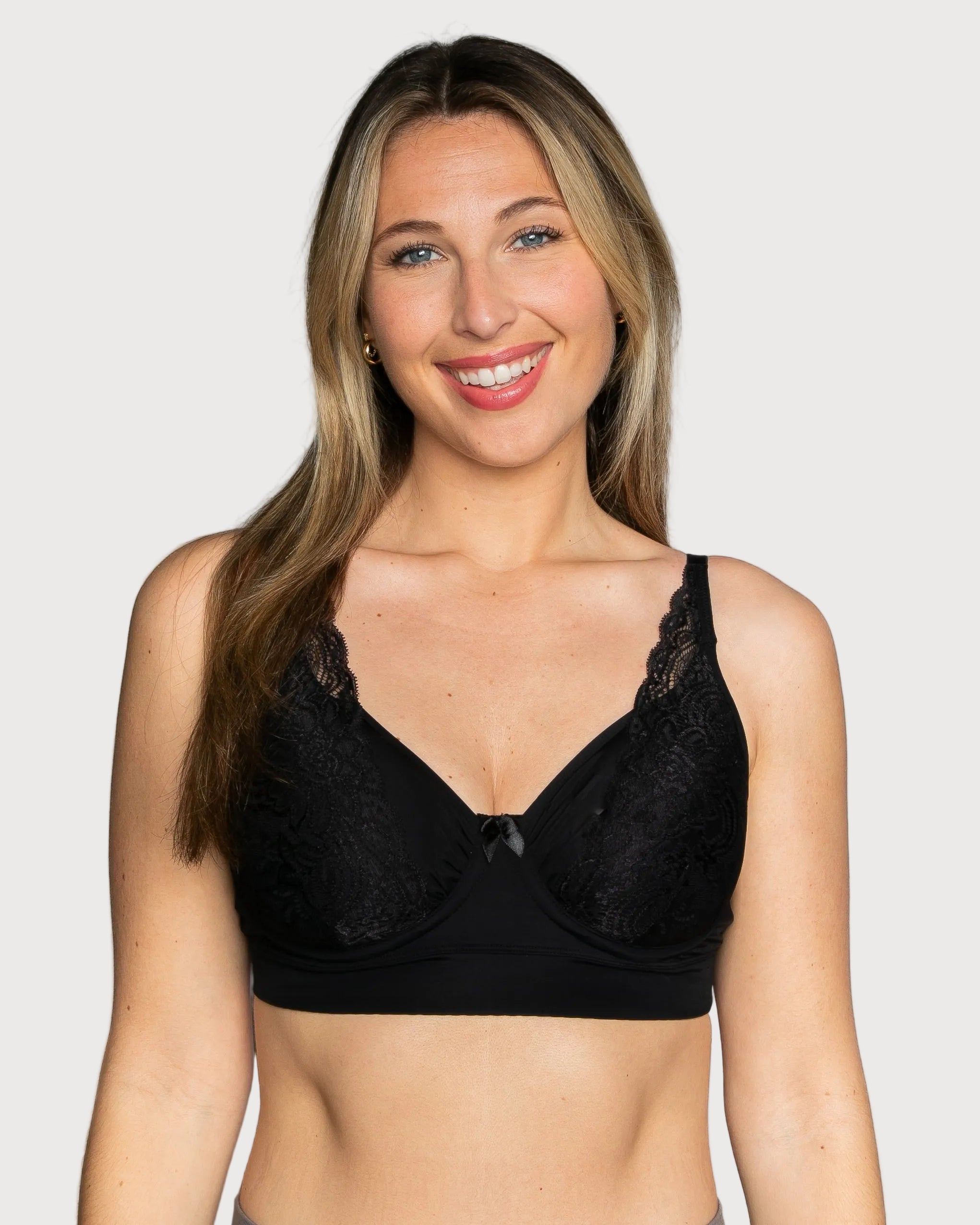 Black Flexible Underwire Butterknit Bra with Lace by Rhonda Shear — plastic underwire bra