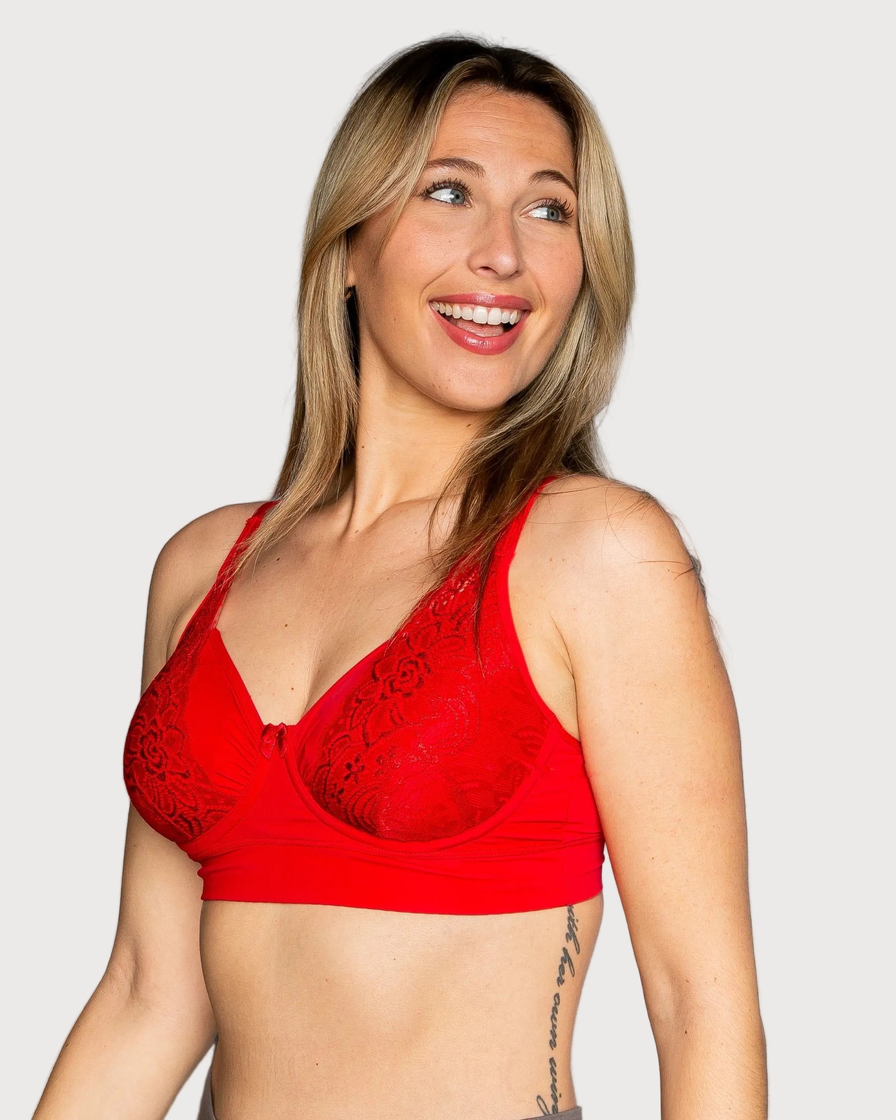 Cherry Flexible Underwire Butterknit Bra with Lace by Rhonda Shear — plastic underwire bra