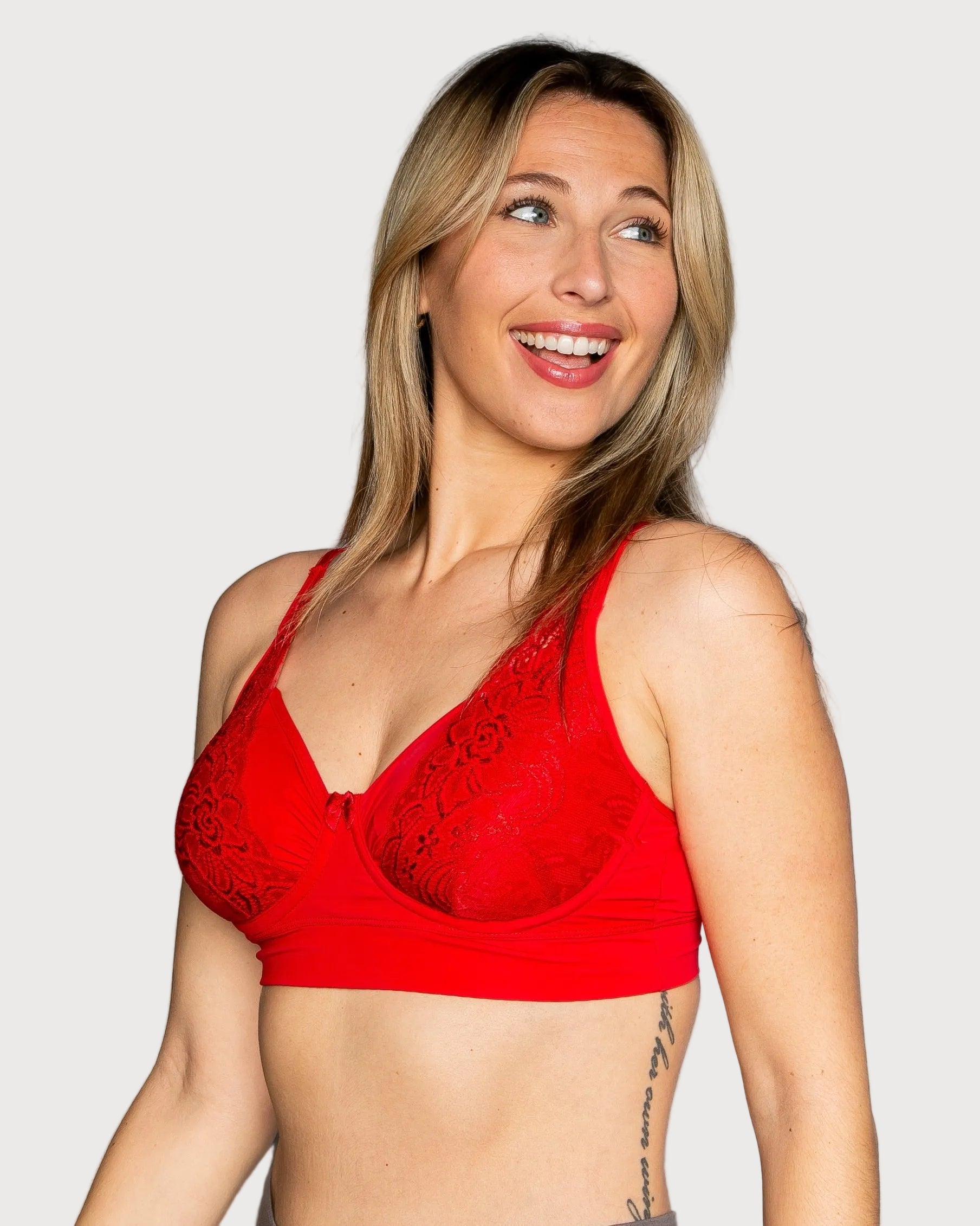 Cherry Flexible Underwire Butterknit Bra with Lace by Rhonda Shear — alternate view, plastic underwire bra