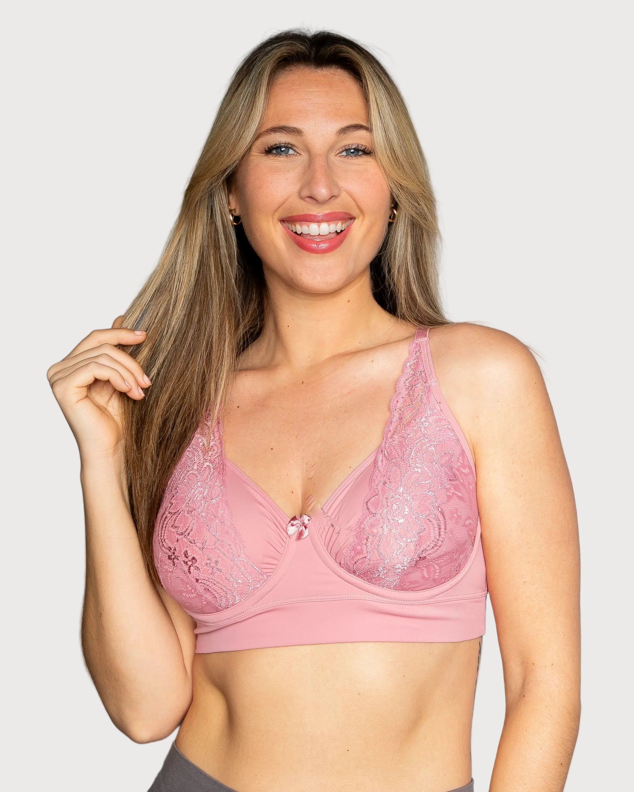 Dusty Rose Flexible Underwire Butterknit Bra with Lace by Rhonda Shear — alternate view, plastic underwire bra