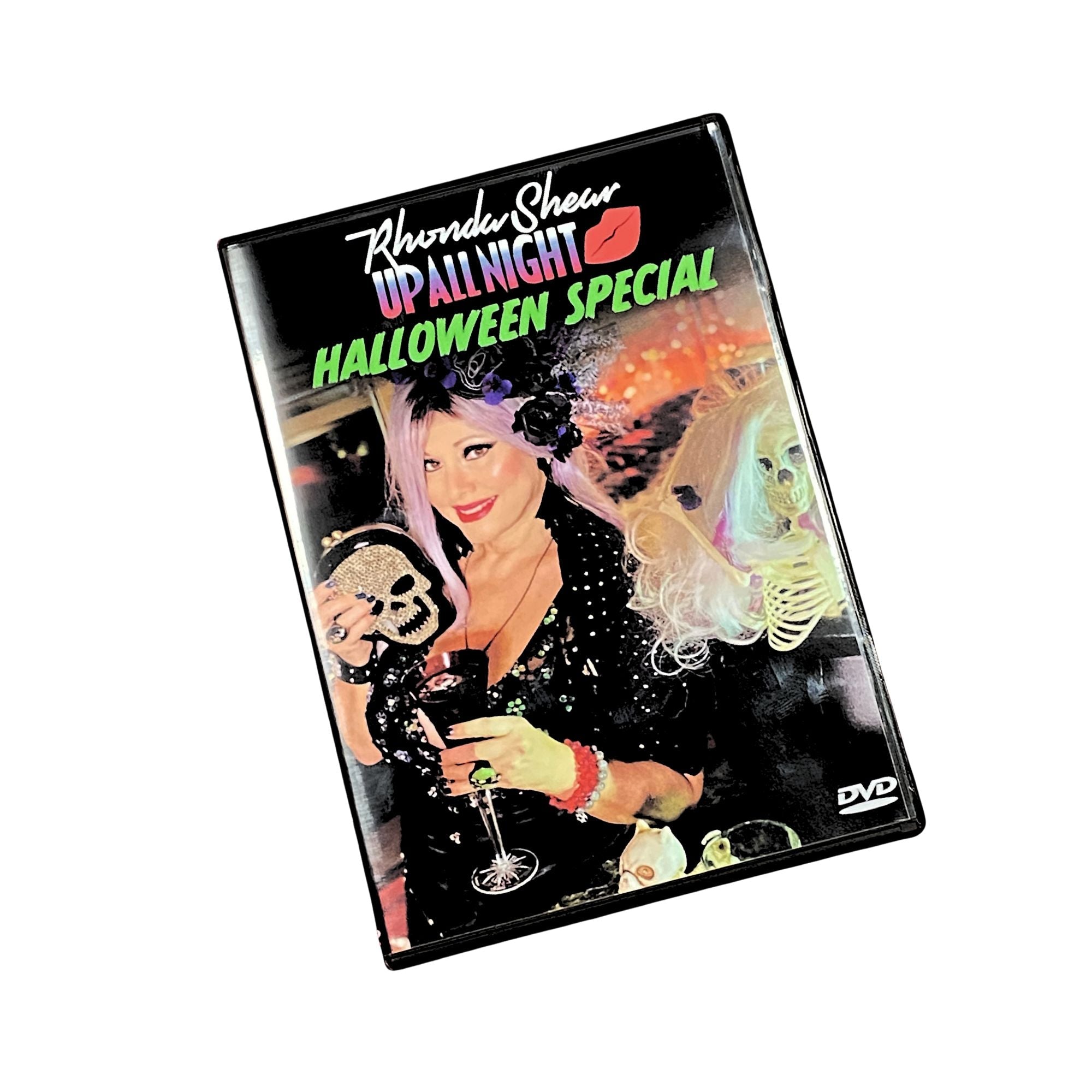 DVD cover of 'Up All Night Halloween Special' featuring Rhonda Shear with a skull and festive decorations.