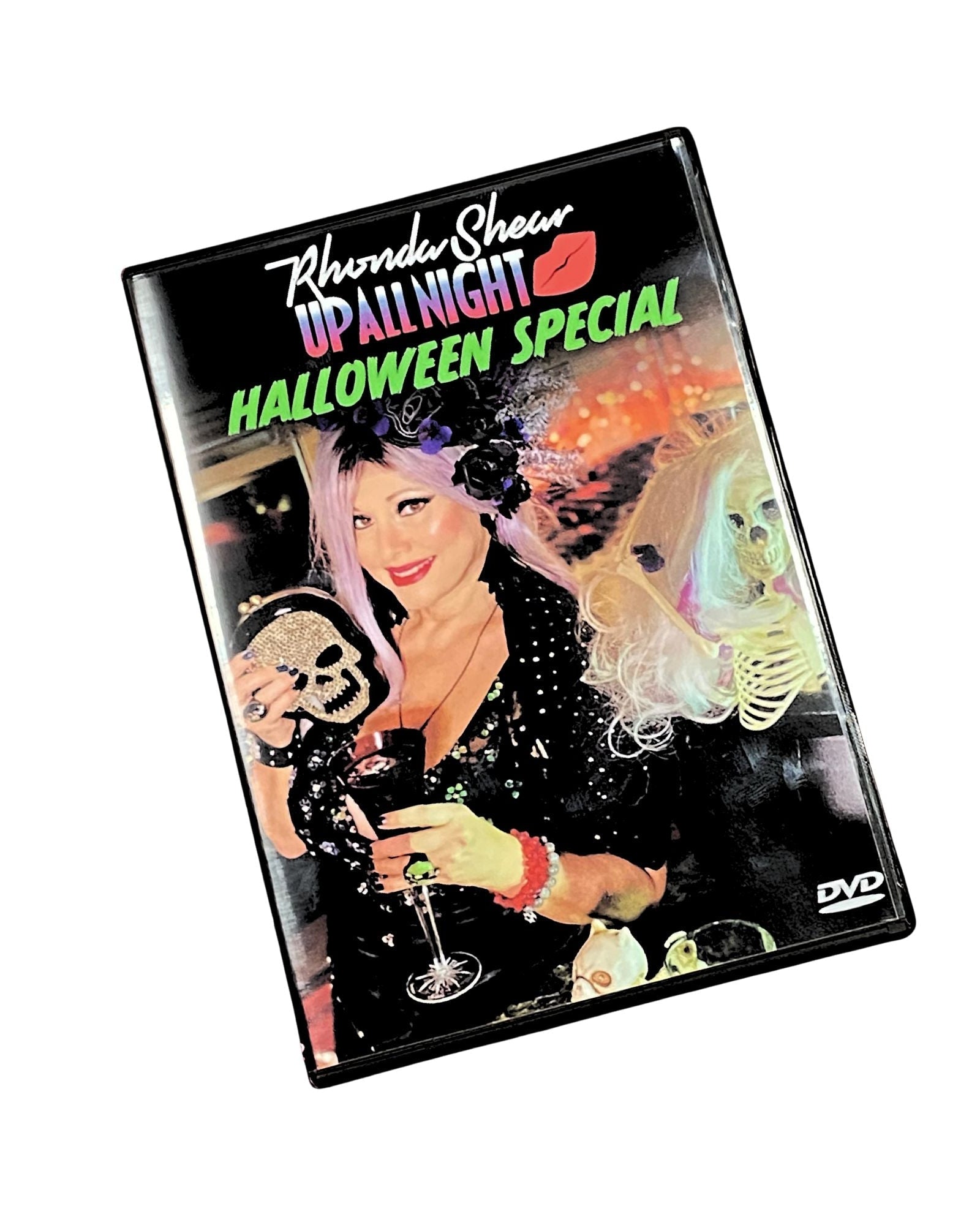 DVD cover of 'Up All Night Halloween Special' featuring Rhonda Shear with a skull and festive decorations.