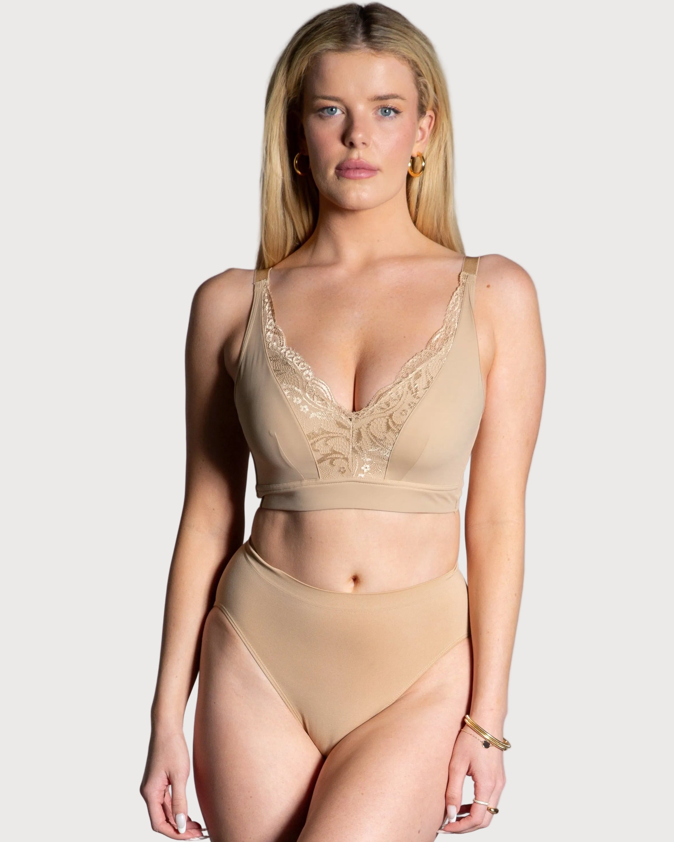 Beige Lace Back Pin-Up Bra by Rhonda Shear — front view, lace trim bra