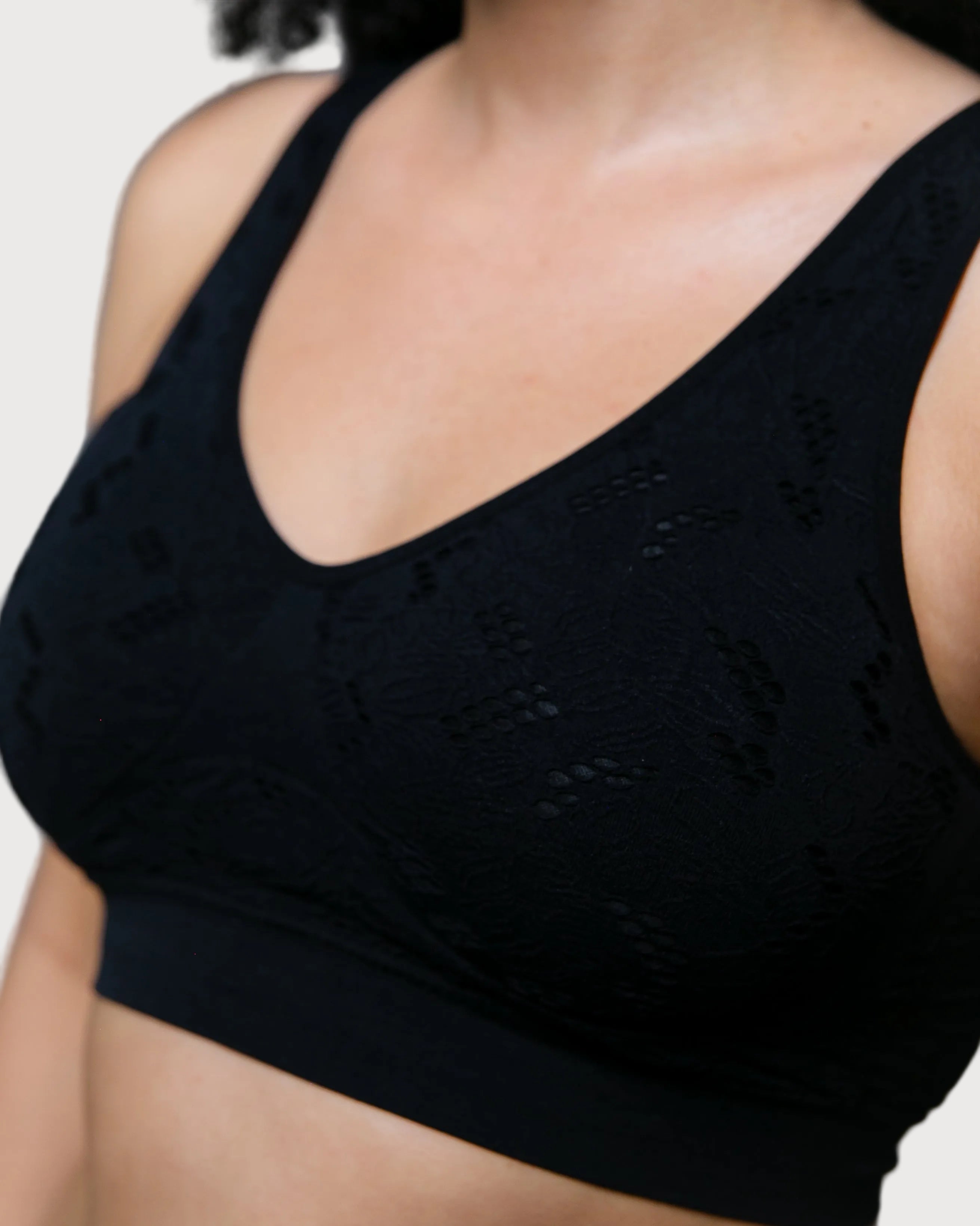 Black Lace Crochet Ahh Bra by Rhonda Shear — alternate view, seamless lace bra