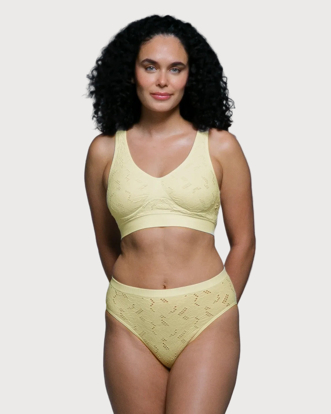 Yellow Lace Crochet Ahh Bra by Rhonda Shear — alternate view, seamless lace bra