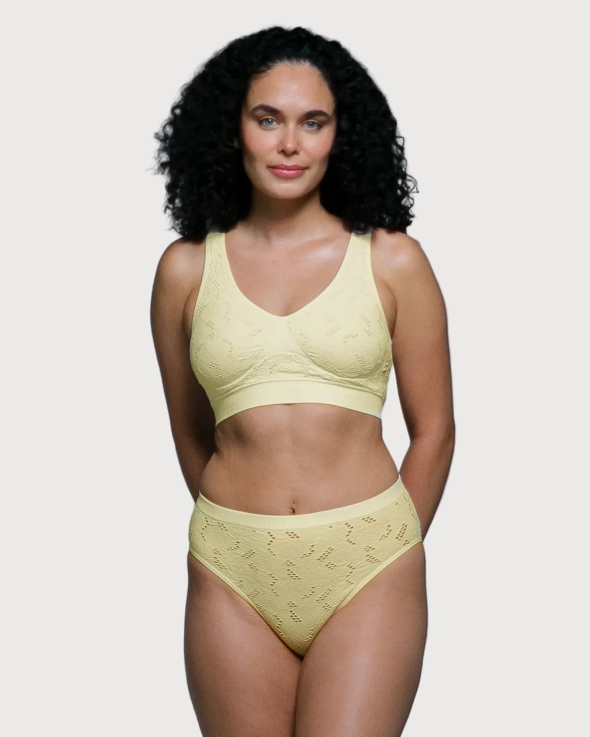 Yellow Lace Crochet Ahh Bra by Rhonda Shear — alternate view, seamless lace bra