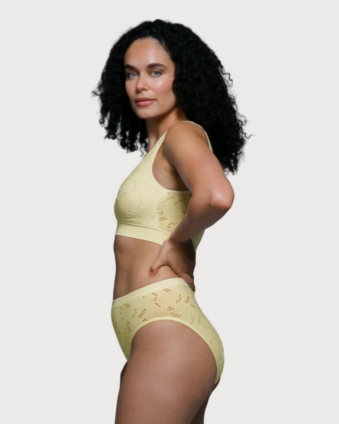 Yellow Lace Crochet Ahh Bra by Rhonda Shear — alternate view, seamless lace bra