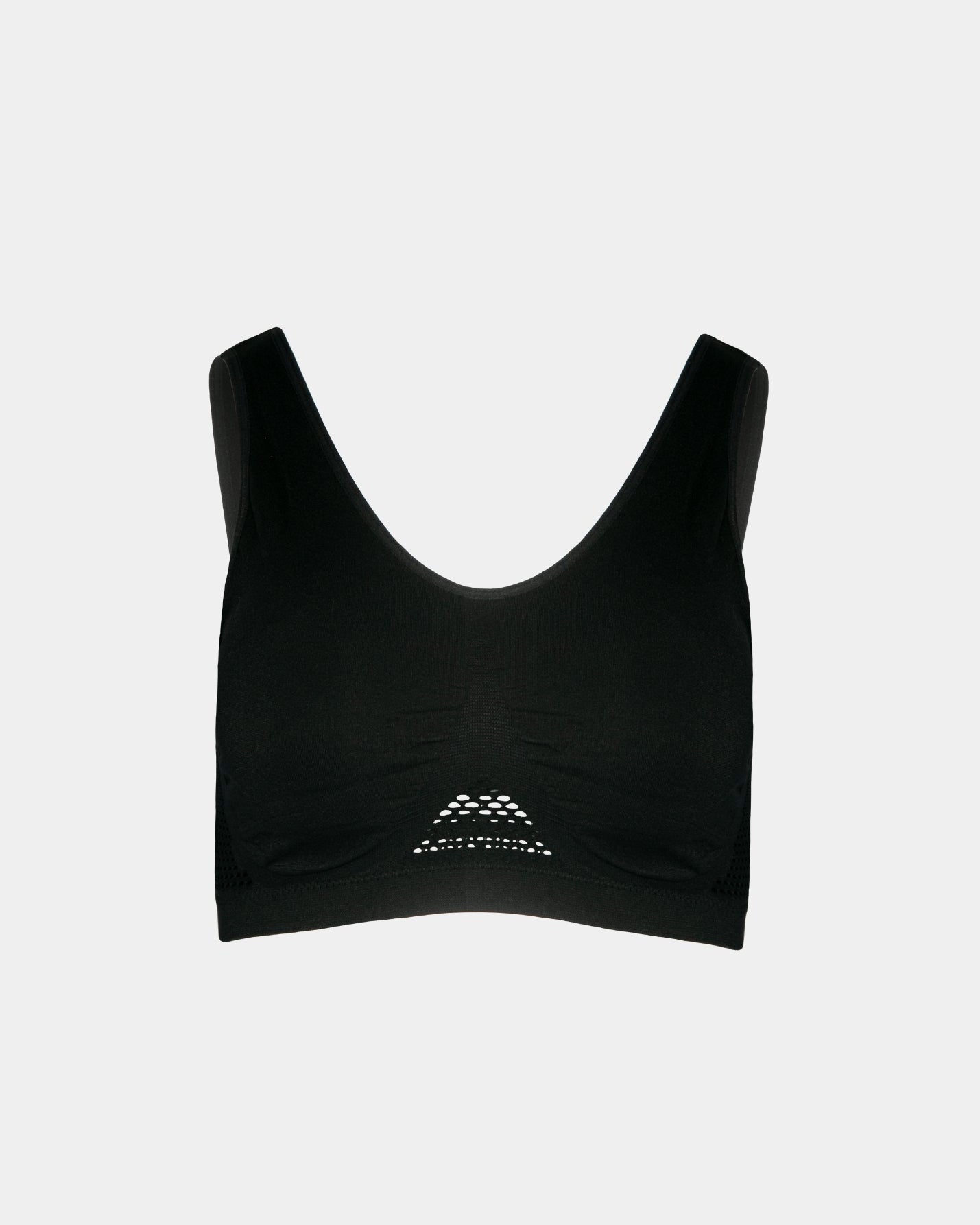 Black Seamless Crochet Detail Ahh Bra by Rhonda Shear — flat lay, wire-free bra with crochet detail