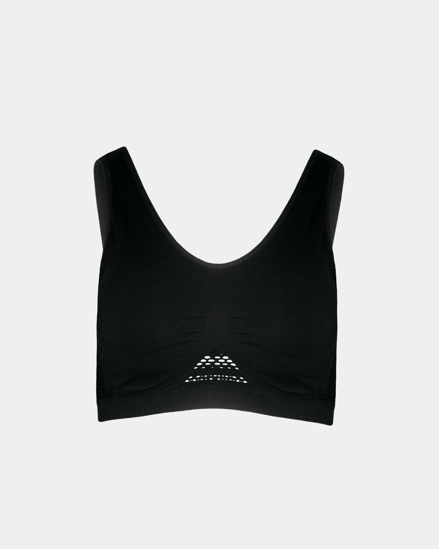 Black Seamless Crochet Detail Ahh Bra by Rhonda Shear — flat lay, wire-free bra with crochet detail
