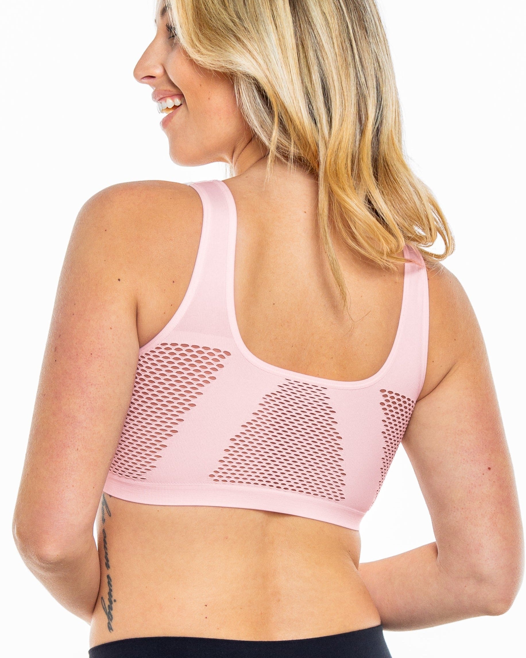 Pink Ice Seamless Crochet Detail Ahh Bra by Rhonda Shear — back view, wire-free bra with crochet detail