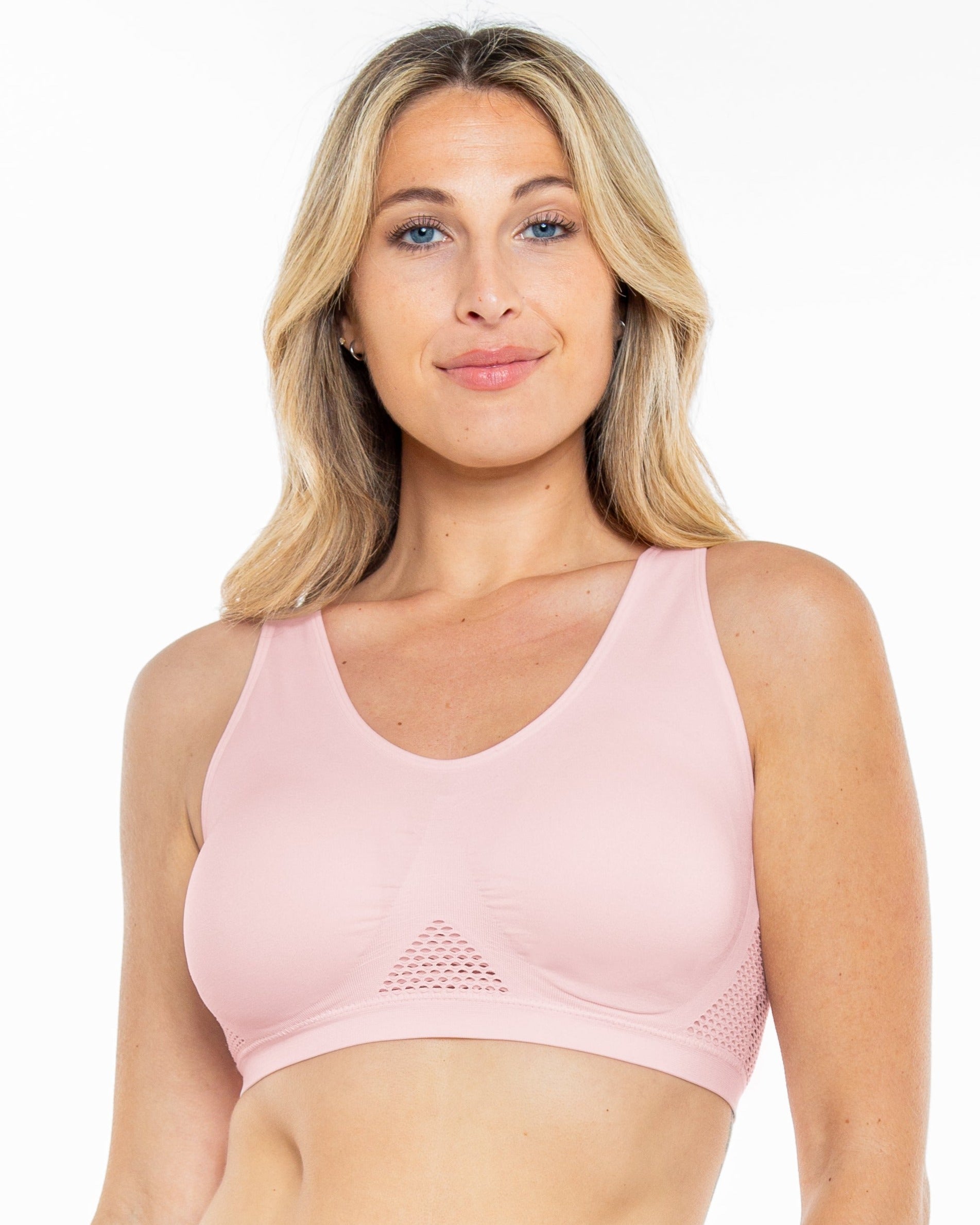 Pink Ice Seamless Crochet Detail Ahh Bra by Rhonda Shear — front view, wire-free bra with crochet detail