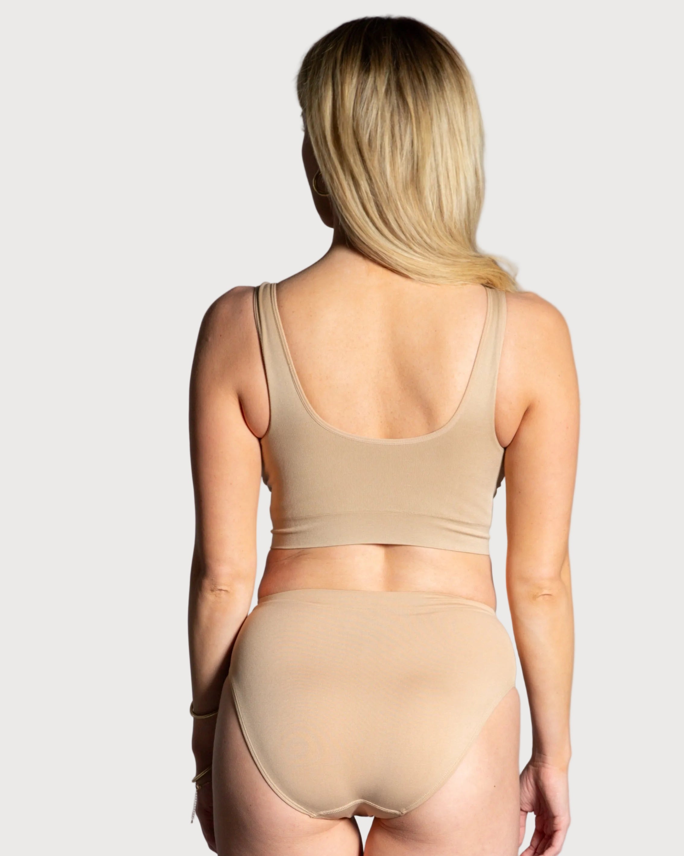 Beige Double Layer Ahh Bra by Rhonda Shear — back view, seamless bra with removable pads