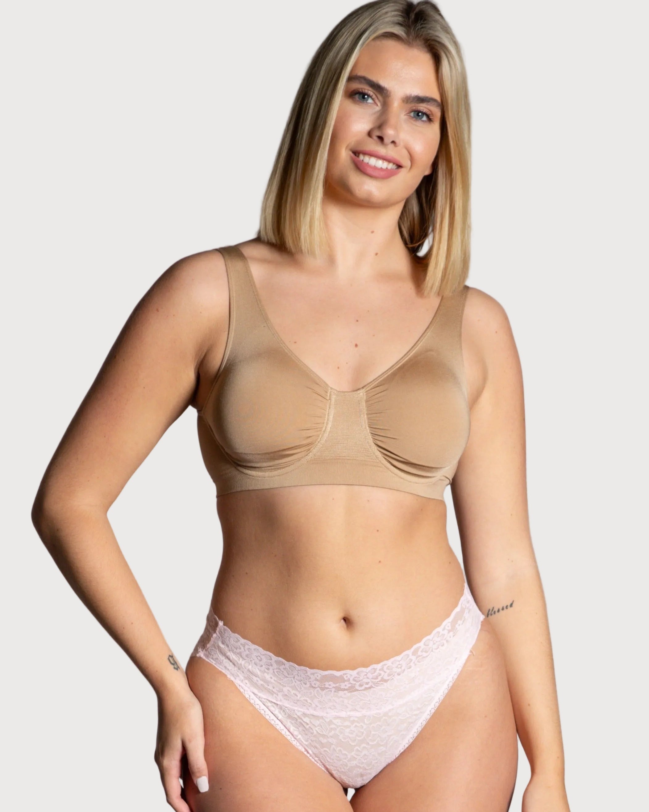 Beige Divine Seamless Underwire Bra by Rhonda Shear — front view, seamless underwire bra