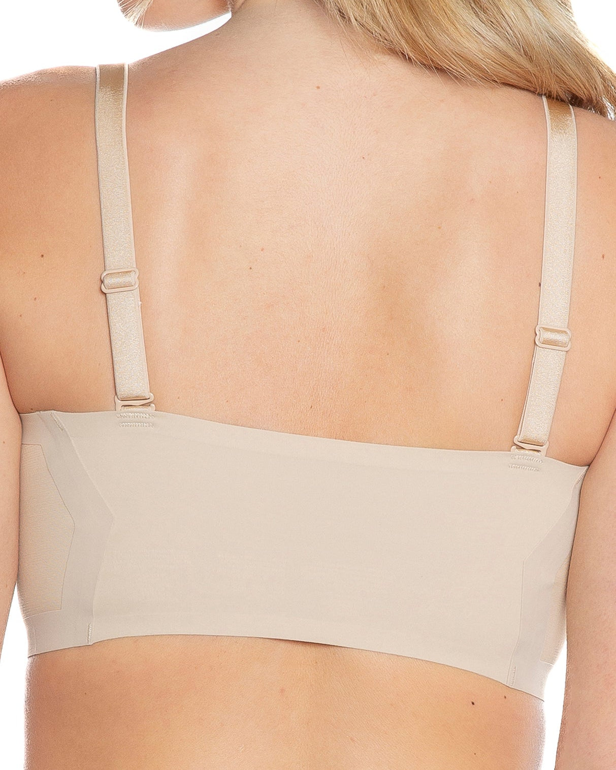 Beige Invisible Edge Bra w. Mesh Cut-out Detail by Rhonda Shear — back view, seamless butterknit bra