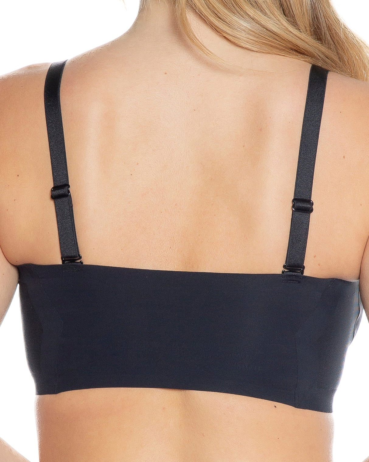 Black Invisible Edge Bra w. Mesh Cut-out Detail by Rhonda Shear — back view, seamless butterknit bra