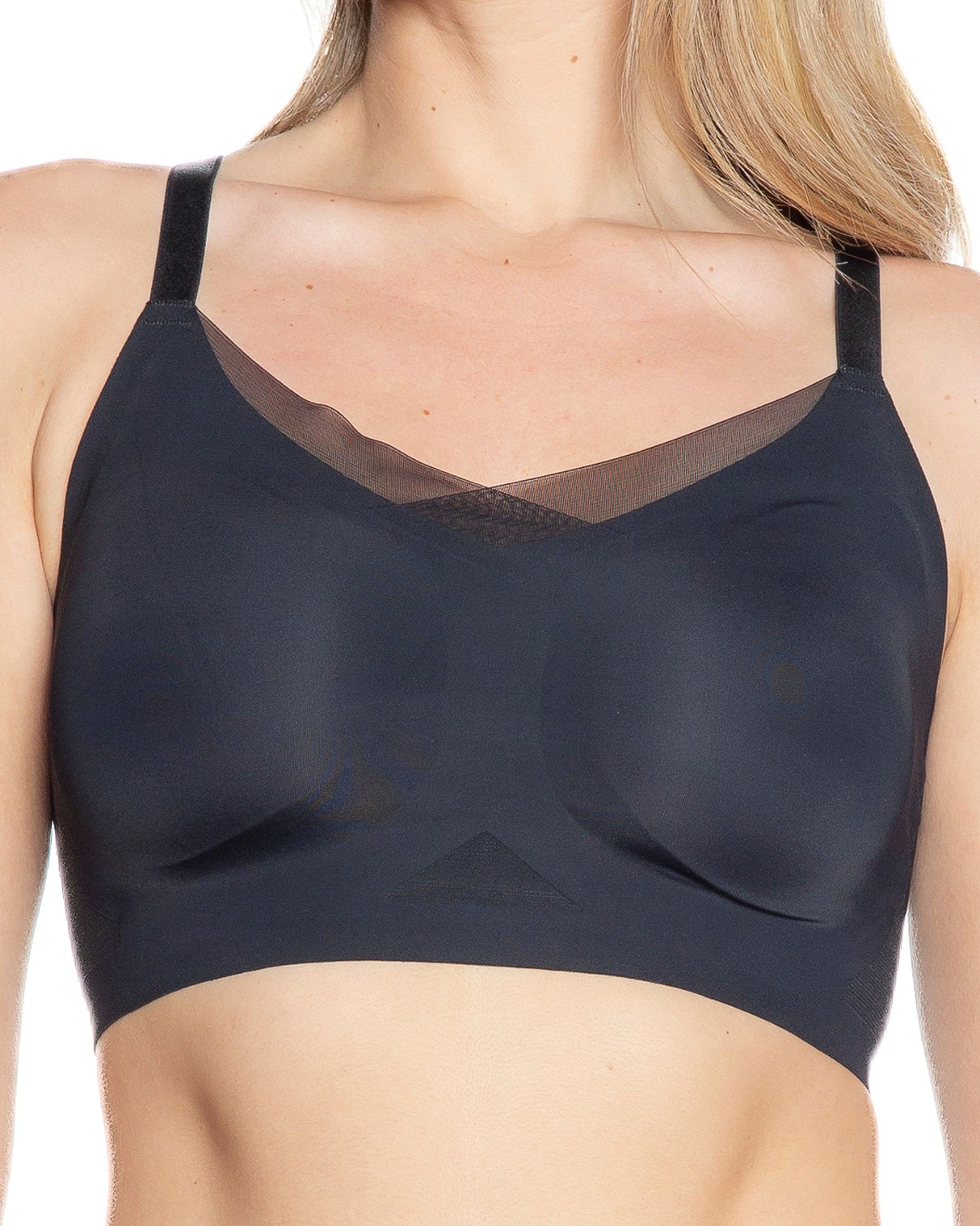 Black Invisible Edge Bra w. Mesh Cut-out Detail by Rhonda Shear — front view, seamless butterknit bra