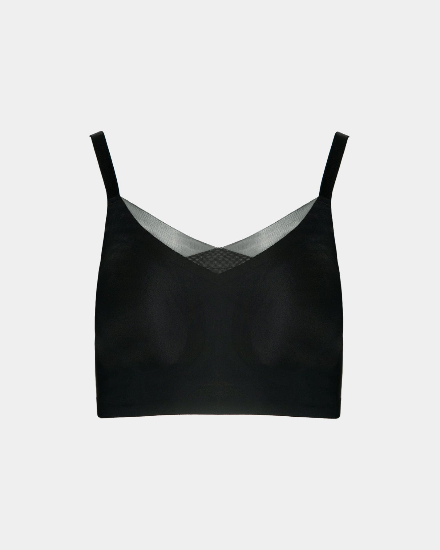 Black Invisible Edge Bra w. Mesh Cut-out Detail by Rhonda Shear — flat lay, seamless butterknit bra
