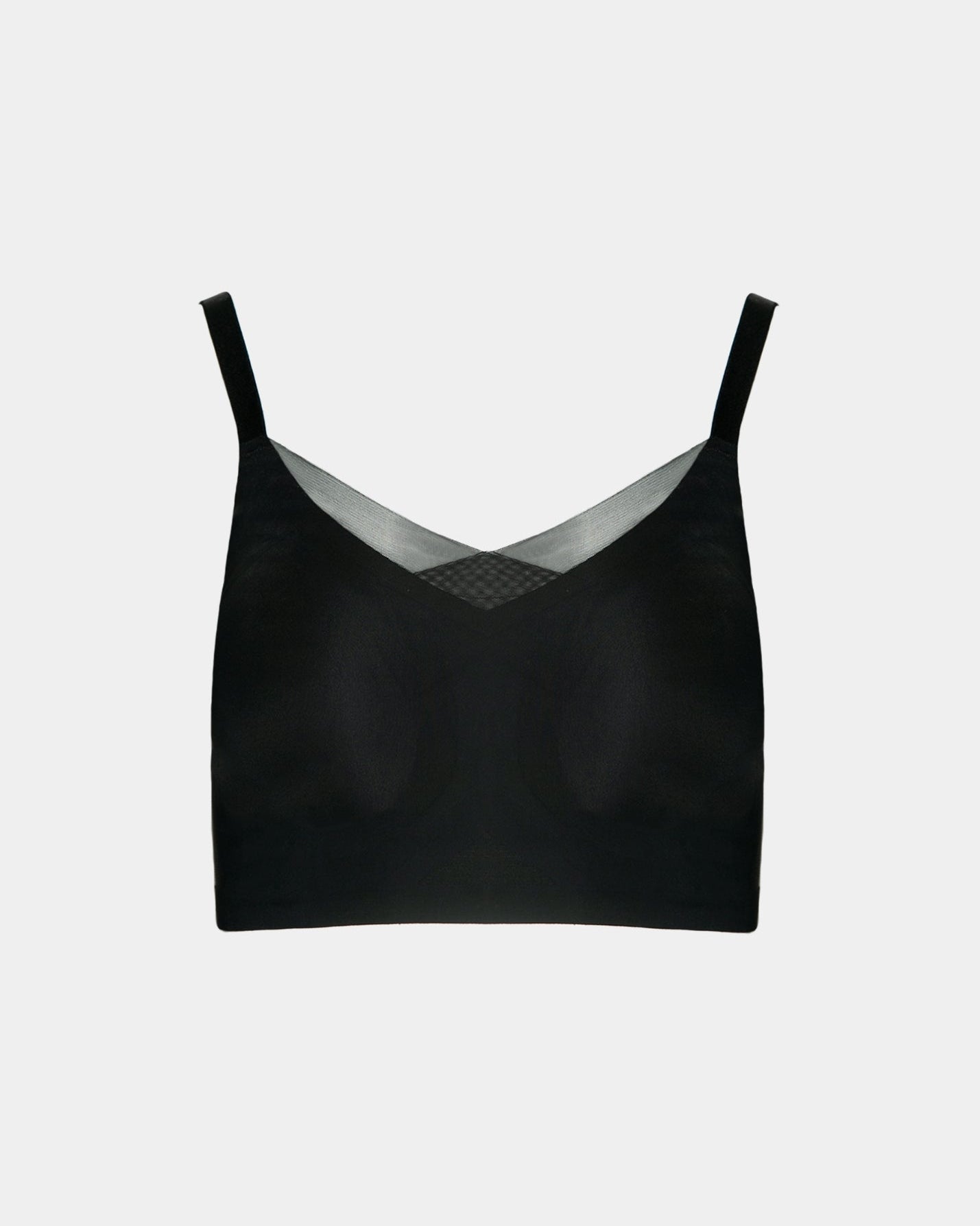 Black Invisible Edge Bra w. Mesh Cut-out Detail by Rhonda Shear — flat lay, seamless butterknit bra