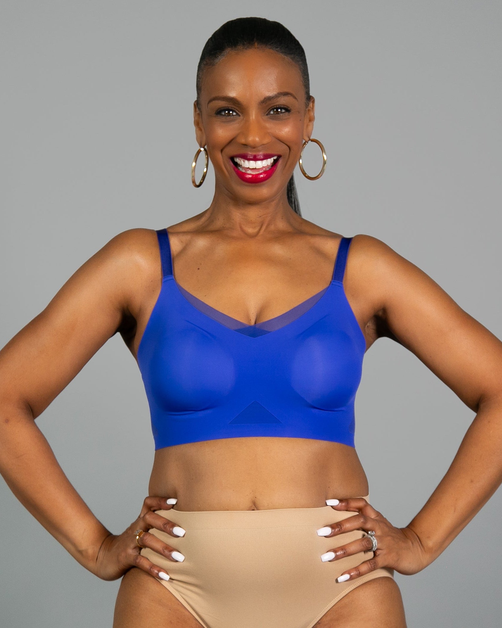 Cobalt Invisible Edge Bra w. Mesh Cut-out Detail by Rhonda Shear — seamless butterknit bra