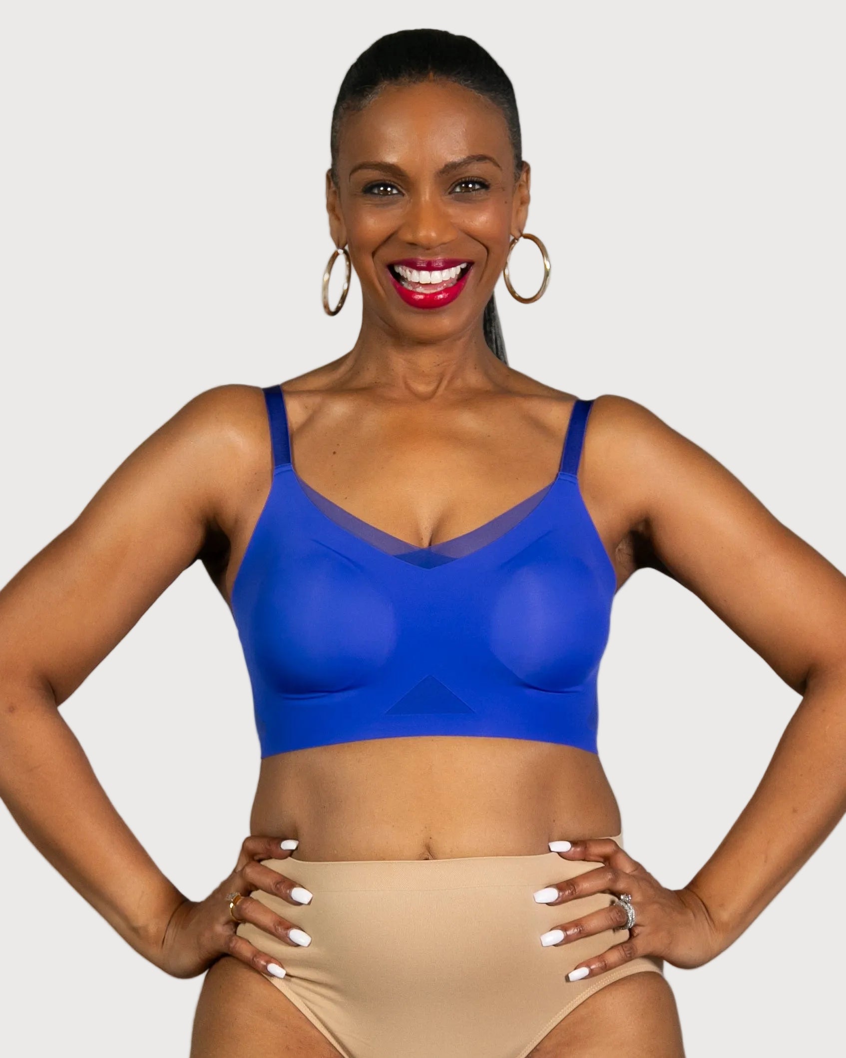 Cobalt Invisible Edge Bra w. Mesh Cut-out Detail by Rhonda Shear — seamless butterknit bra