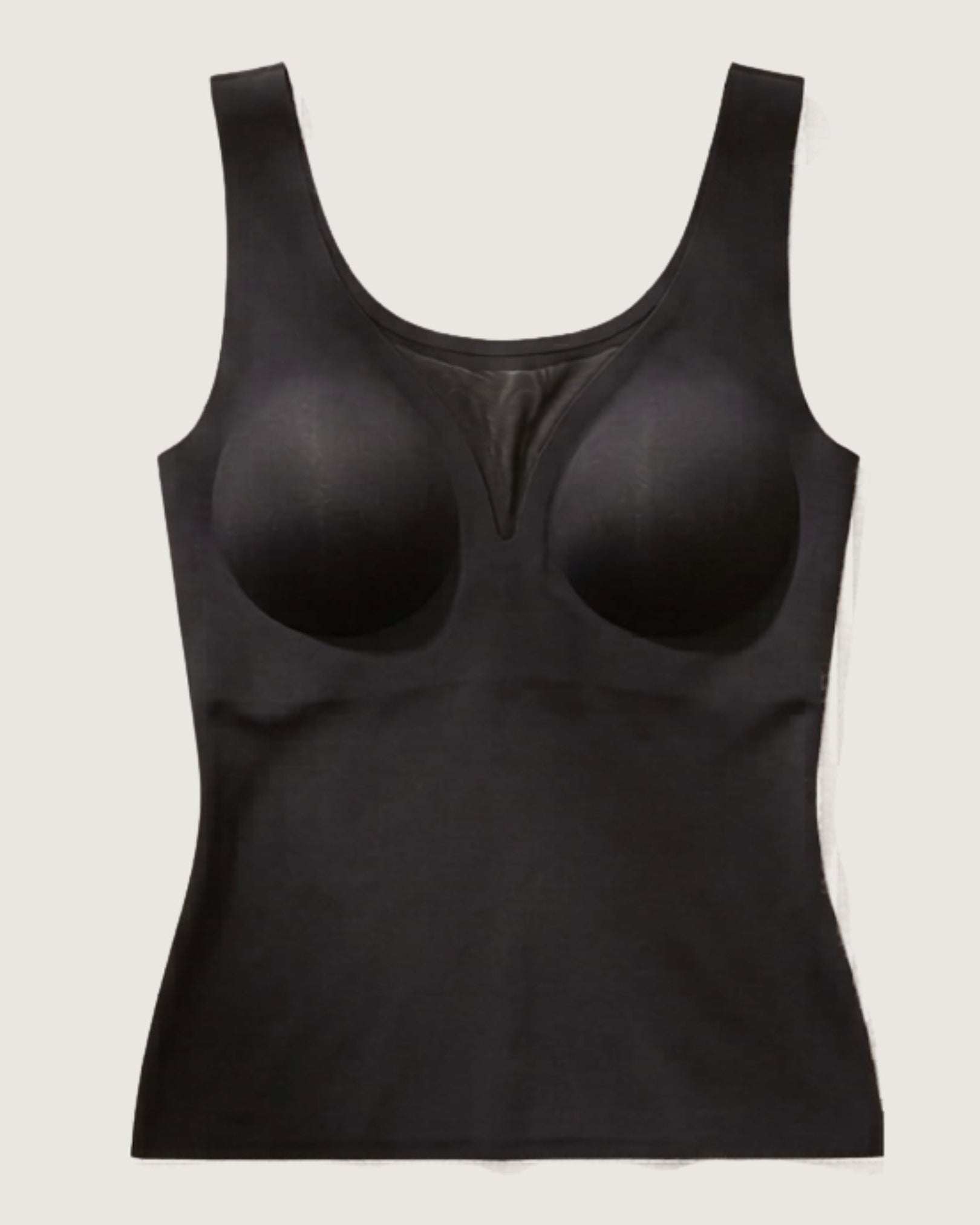 Black tank top with built-in bra on a white background