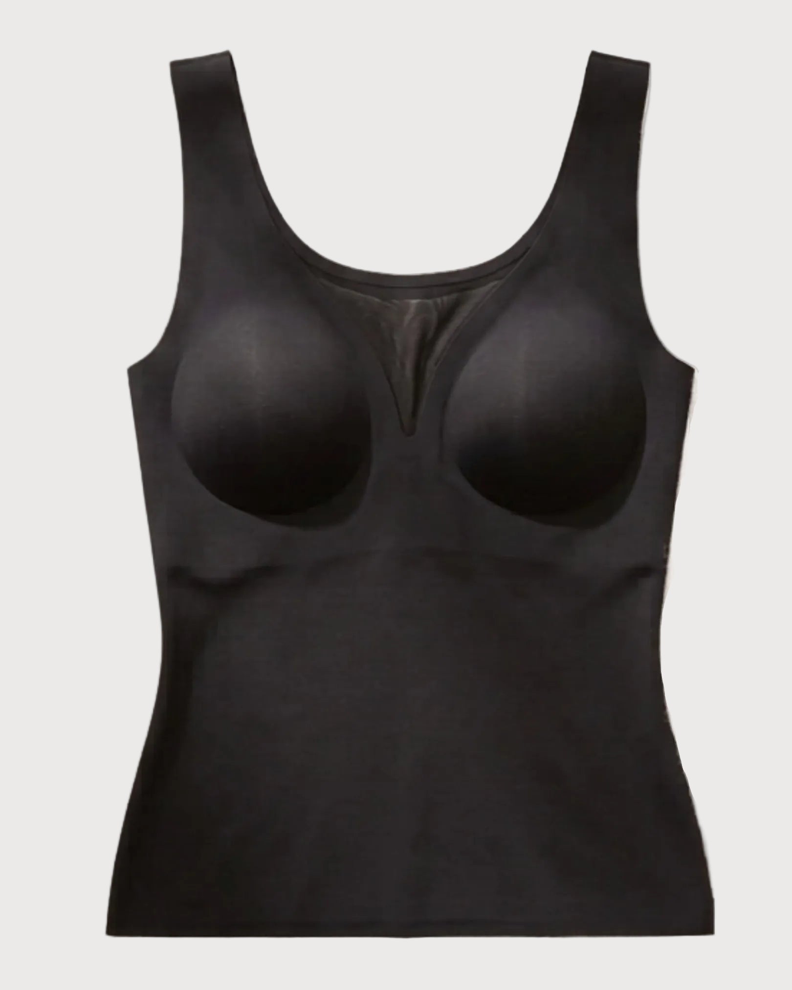 Black tank top with built-in bra on a white background