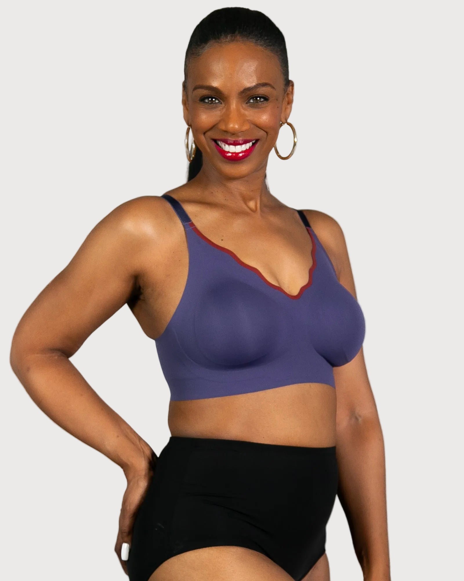 Indigo/Burgundy Invisible Edge Scalloped Neckline Bra by Rhonda Shear — front view, seamless leisure bra