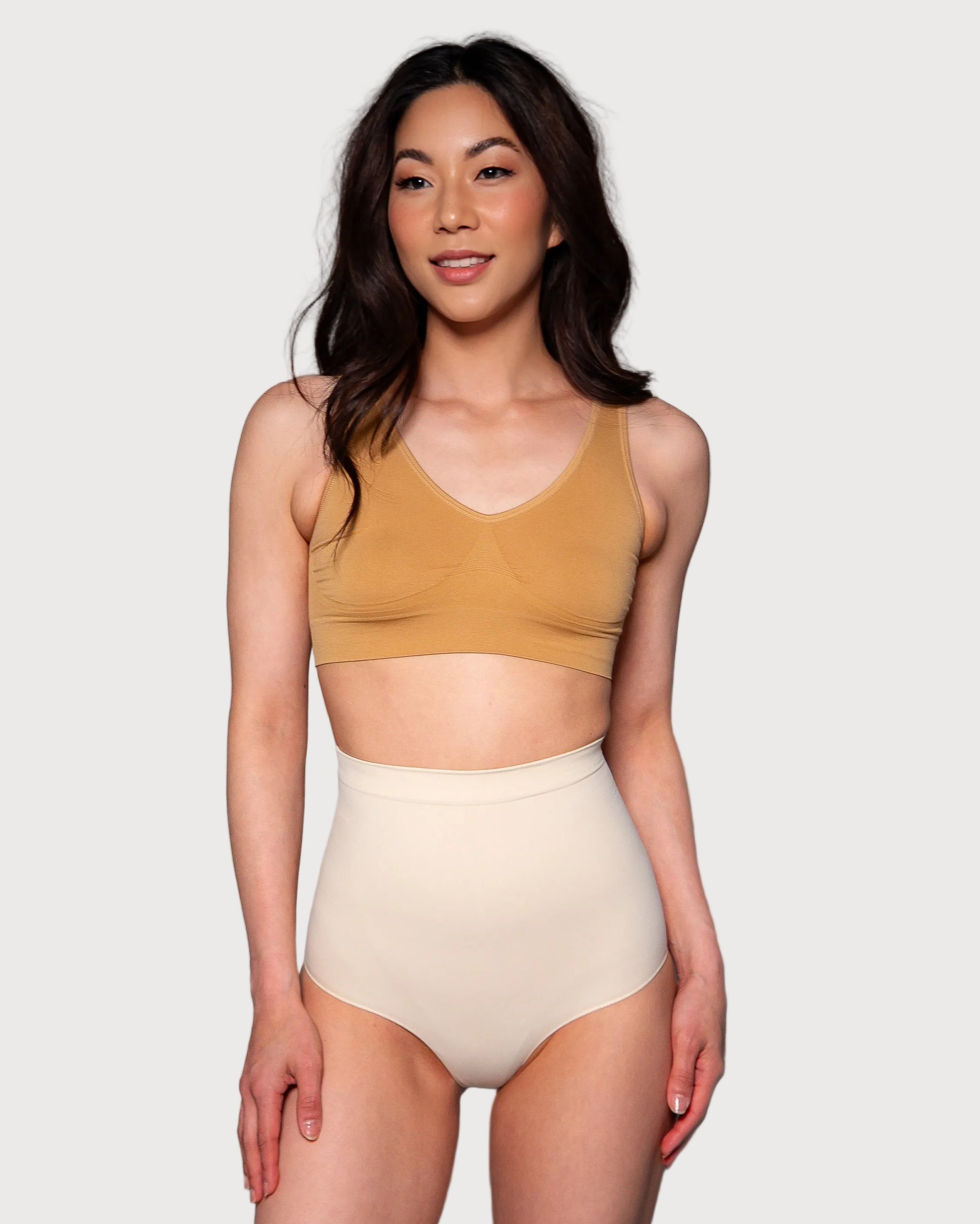 Beige Seamless Sculpt High Waisted Brief by Rhonda Shear — tummy control shaper panty, front view