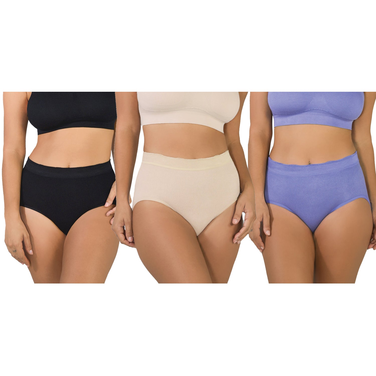 black, beige, iris (purple) underwear kit - front