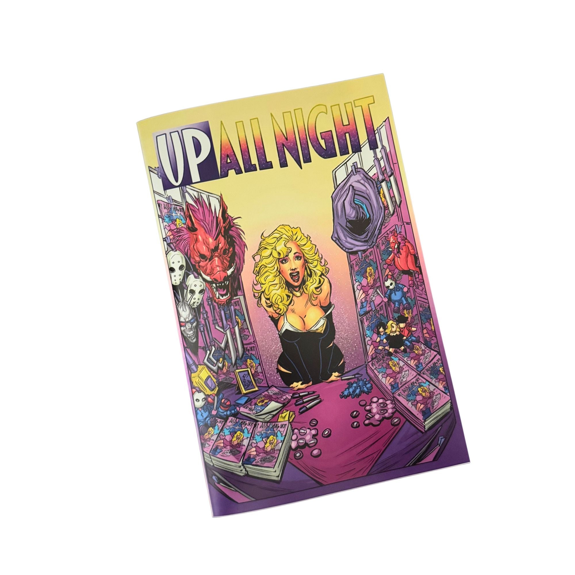 Comic book titled 'Up All Night' with colorful artwork on a white background