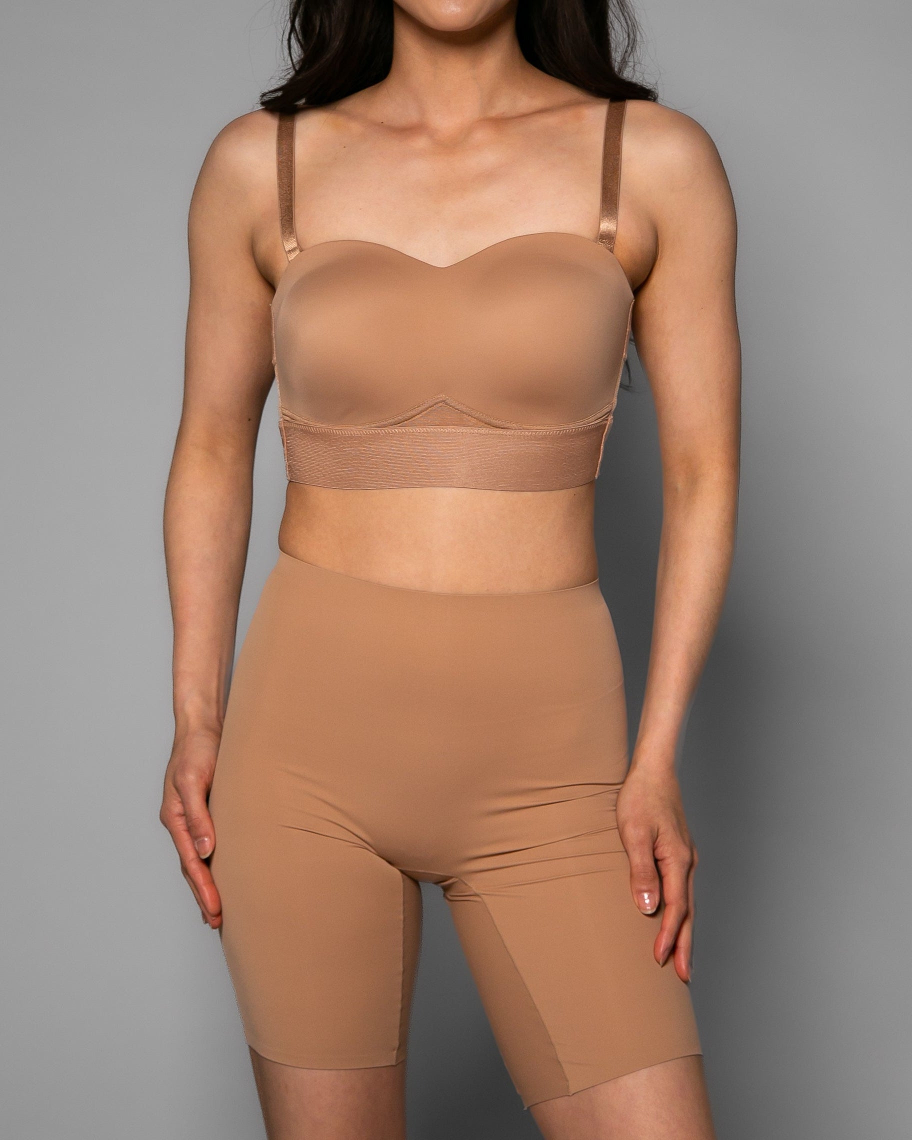 Sienna Stretch Butterknit Longline Short by Rhonda Shear — high-waist anti-chafing biker short, front view