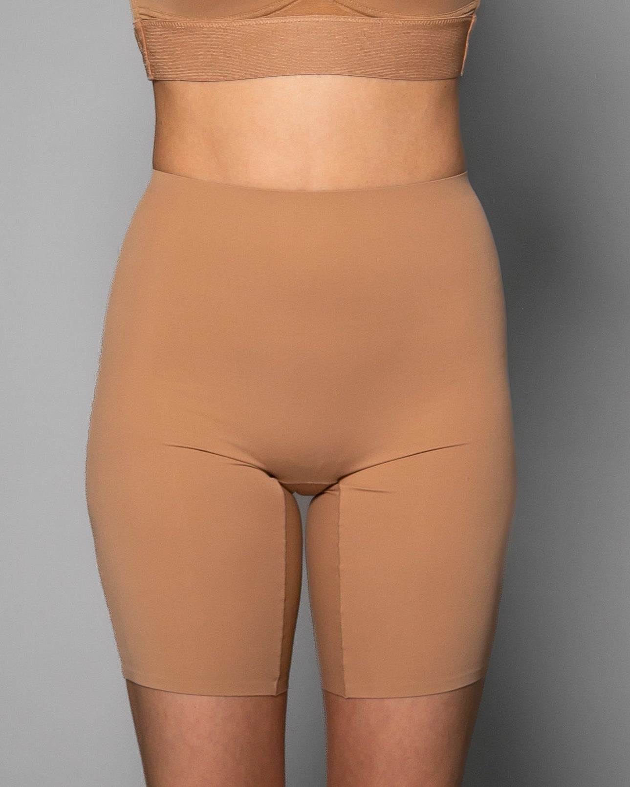 Sienna Stretch Butterknit Longline Short by Rhonda Shear — high-waist biker short, front view
