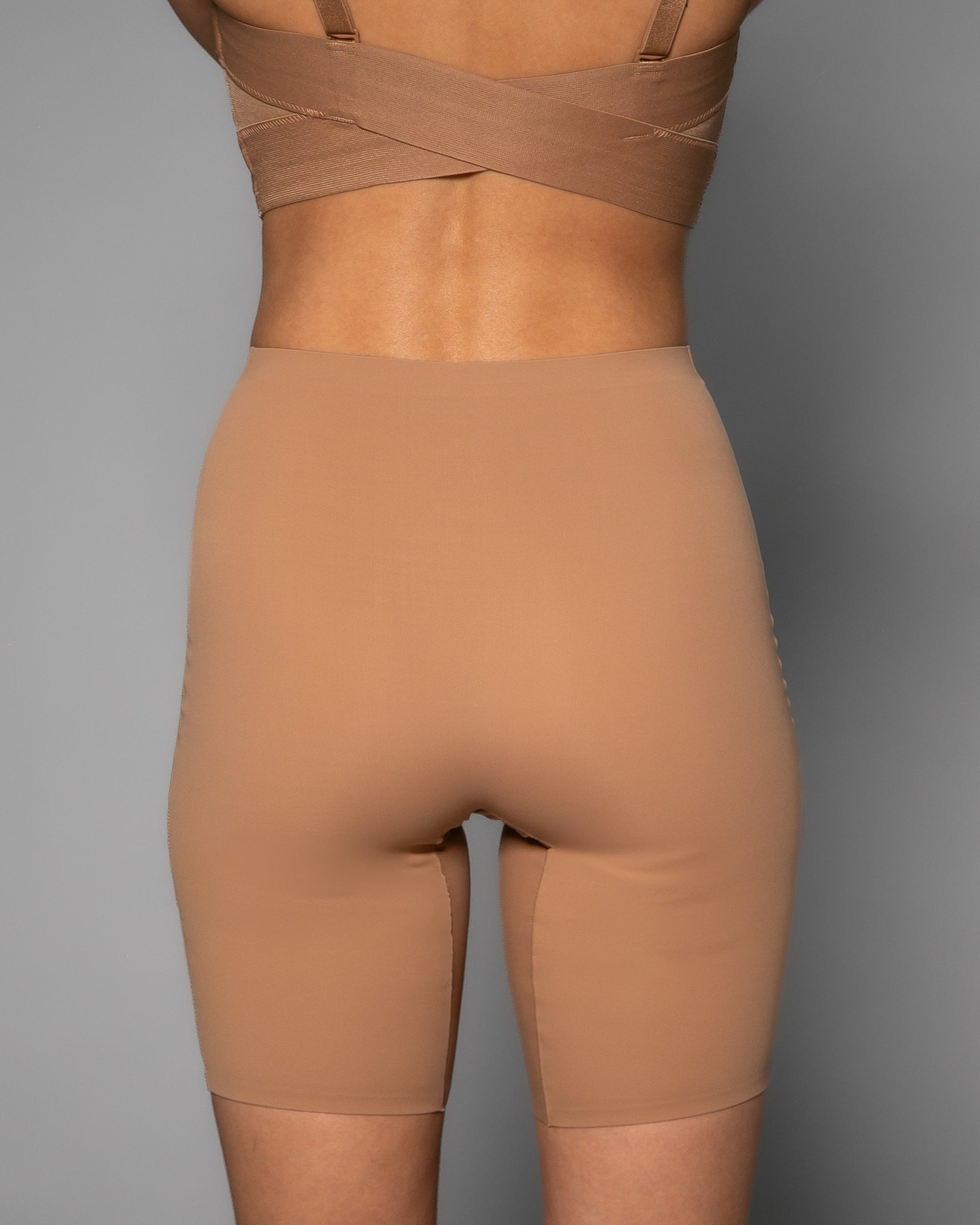 Sienna Stretch Butterknit Longline Short by Rhonda Shear — high-waist biker short, back view