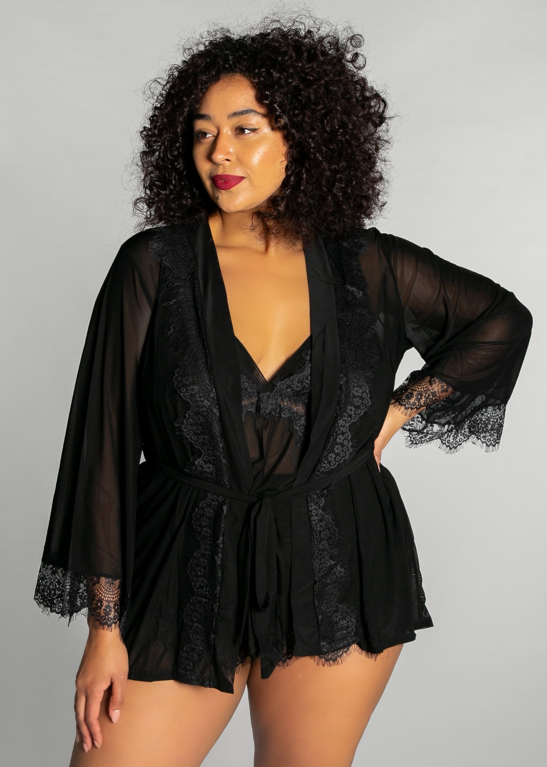 Up All Night Lace Trim Robe - style 4810