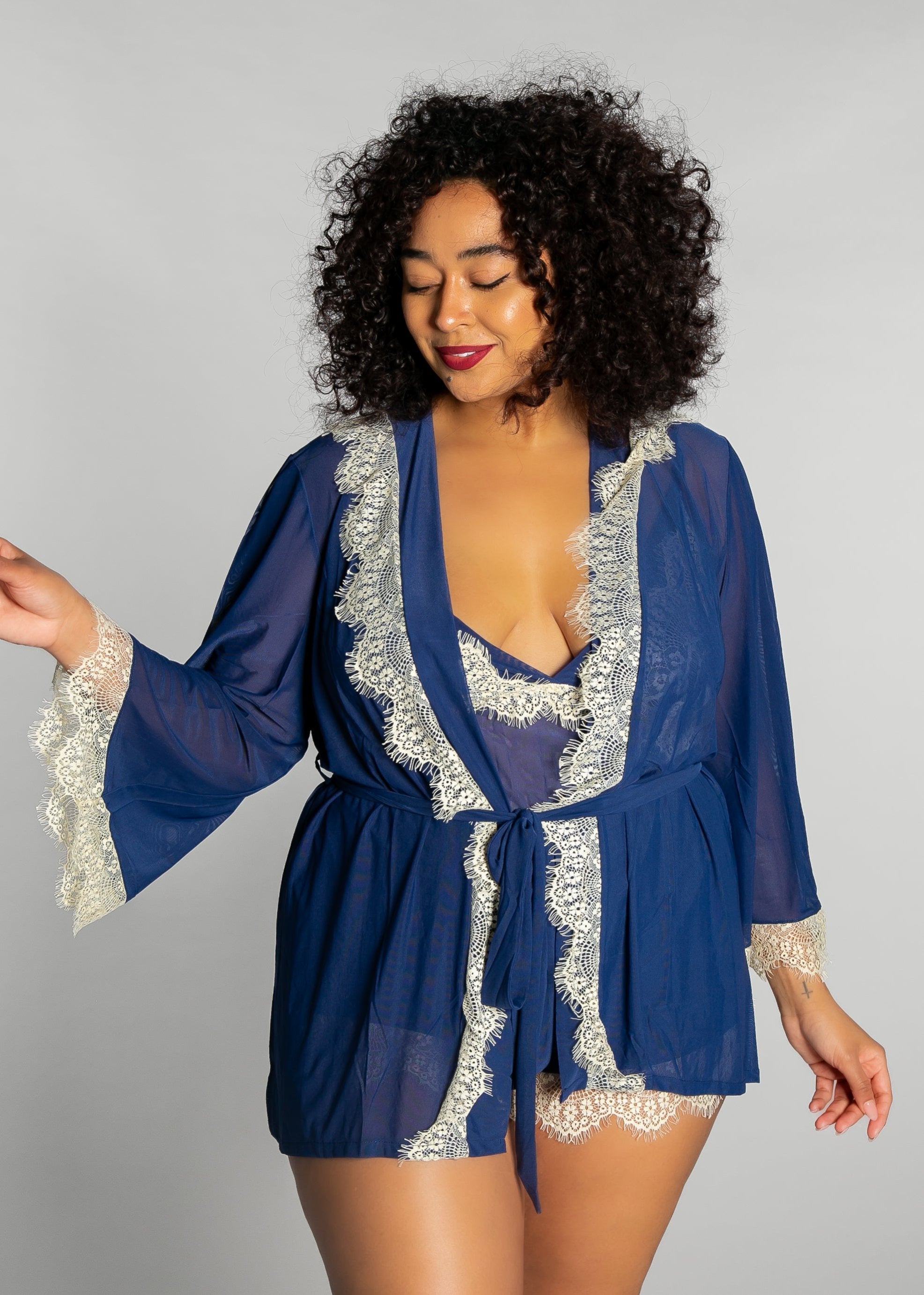 Up All Night Lace Trim Robe - style 4810