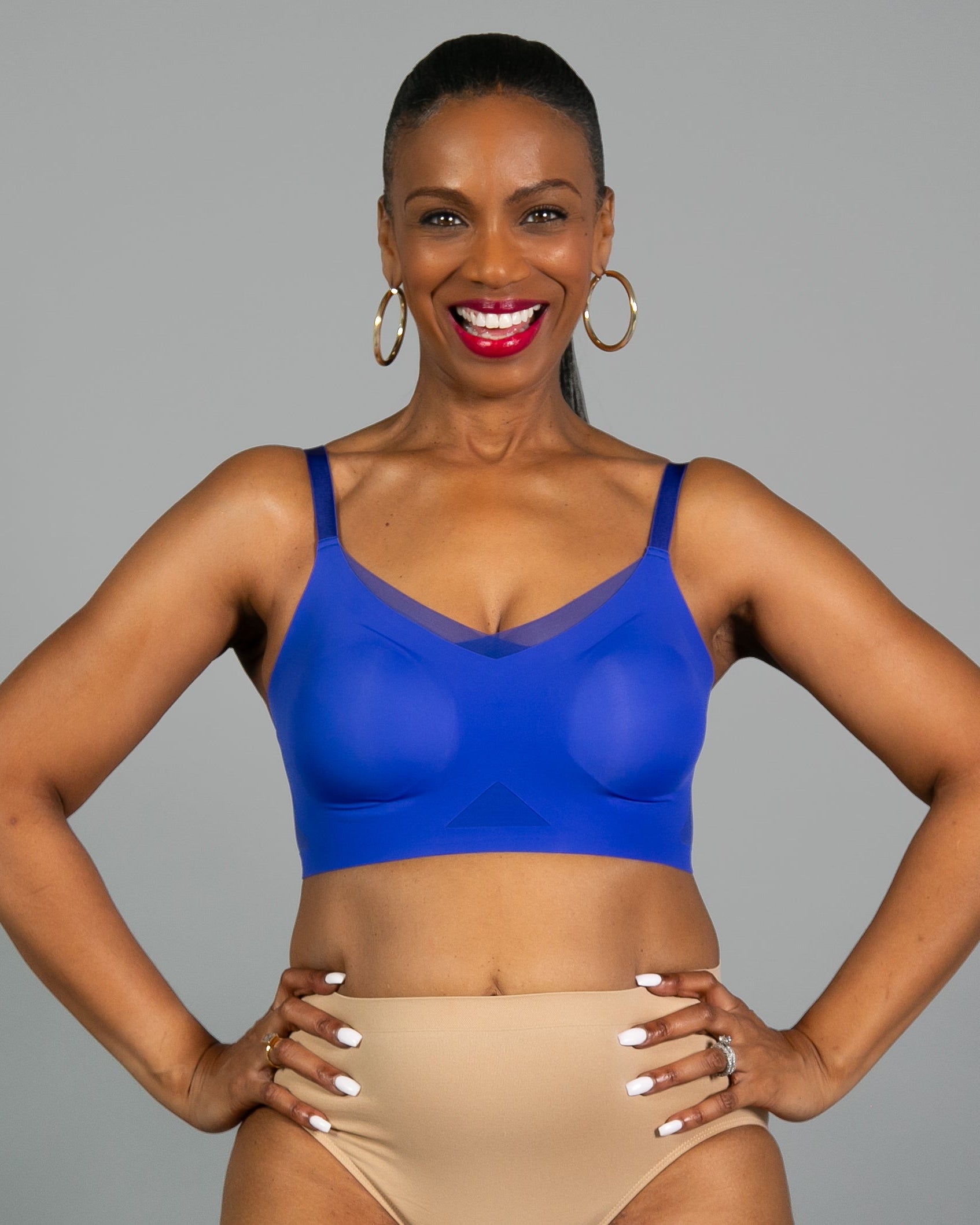 Cobalt Invisible Edge Bra w. Mesh Cut-out Detail by Rhonda Shear — seamless butterknit bra