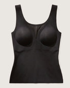 Black tank top with built-in bra on a white background
