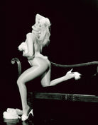 Black and white portrait of Rhonda Shear in a fur bodysuit sitting on a bench.