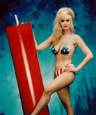 Rhonda Shear in an American flag bikini holding a large red firecracker against a blue background