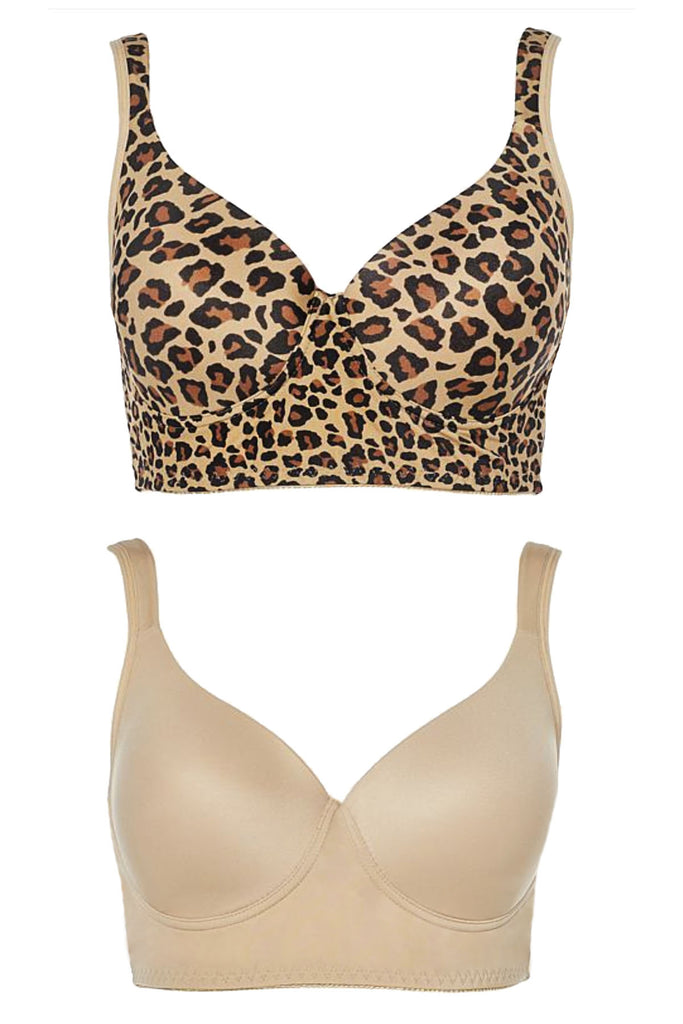 0026 - Molded Cup Wireless Bra with Lace Back - Leopard and Beige